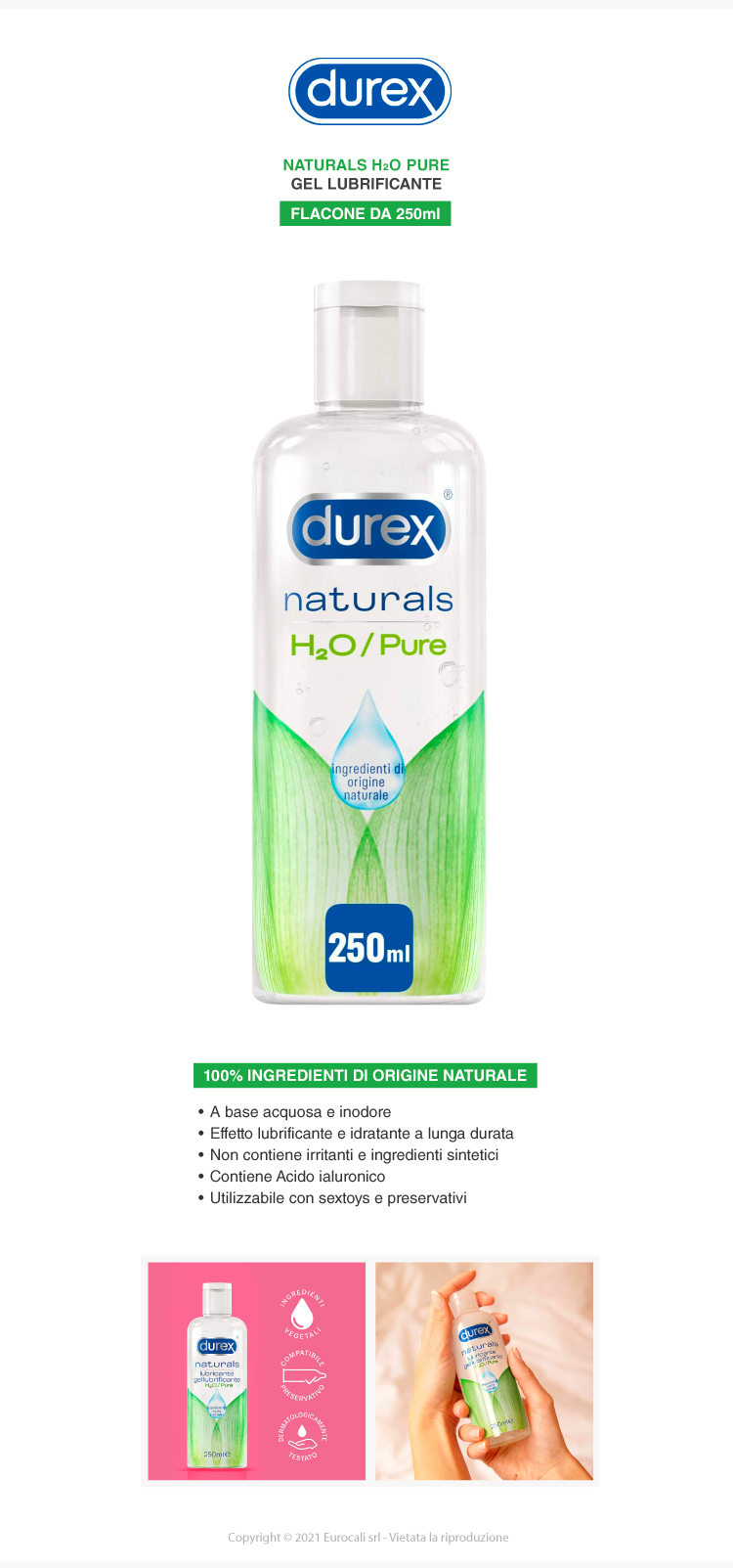Durex Naturals H2O Pure Lubrificante gel intimo base acquosa ingredienti 100% naturali 250ml