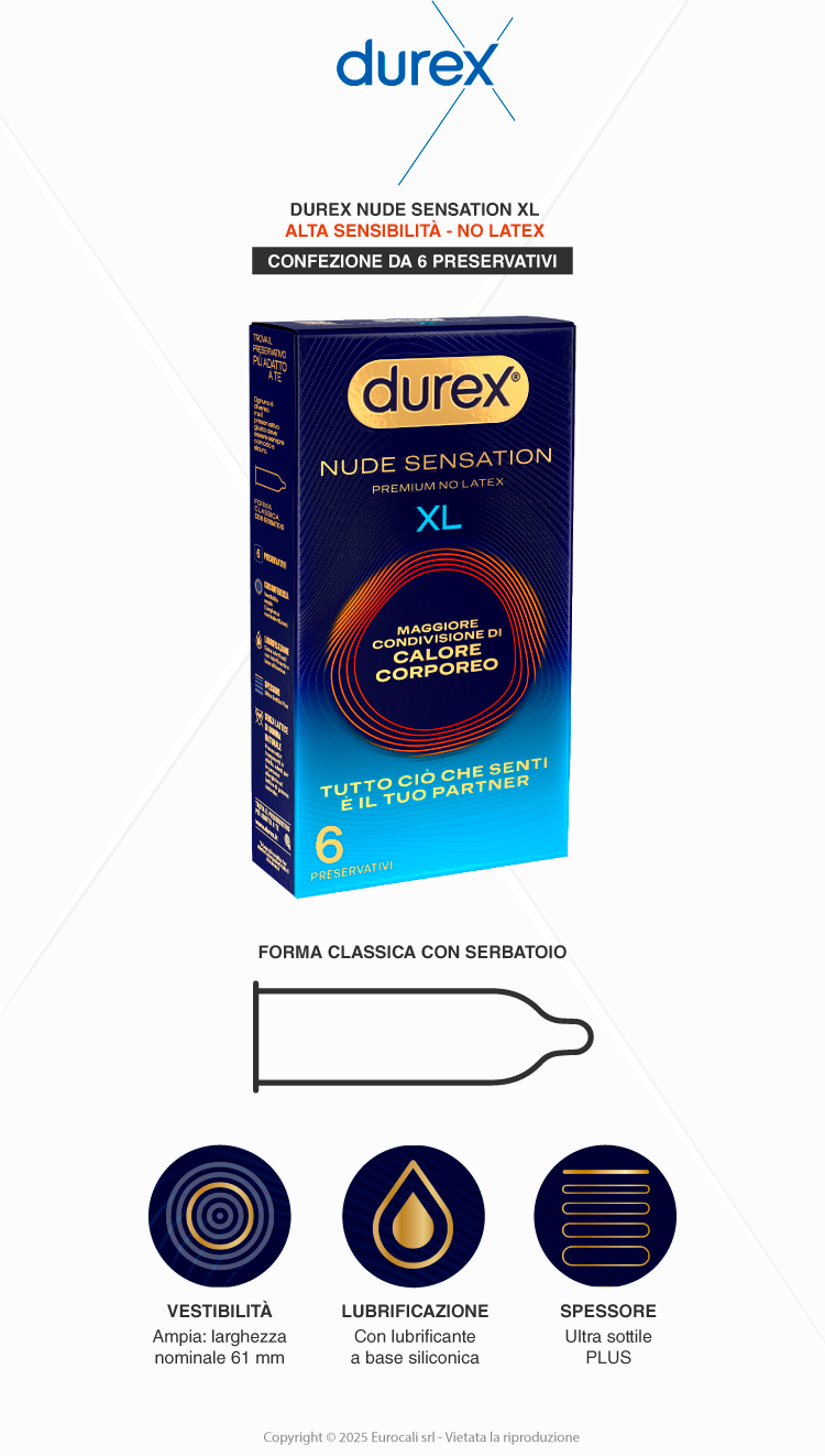 Durex Nude Sensation Premium No Latex XL extra large alta sensibilità senza lattice 6 preservativi
