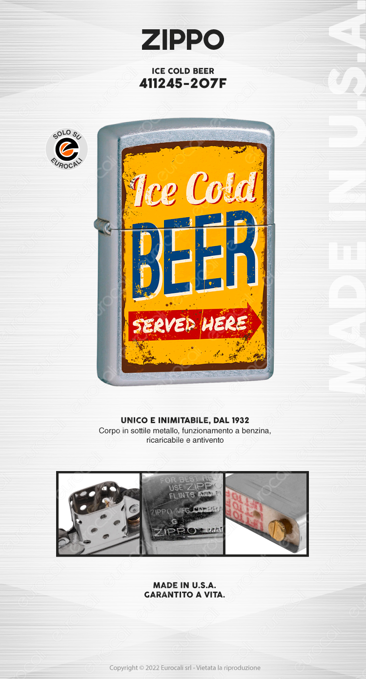 zippo mod. 207 ice cold beer accendino benzina ricaricabile antivento